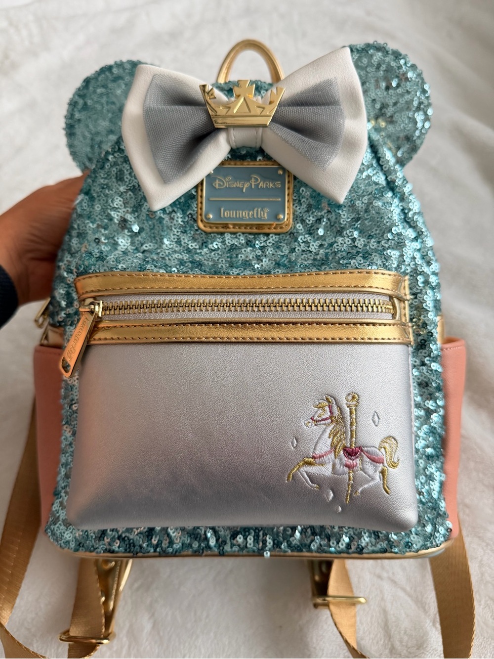Loungefly Disney Teal Sequin King Arthur Carousel Minnie Mouse Mini Backpack